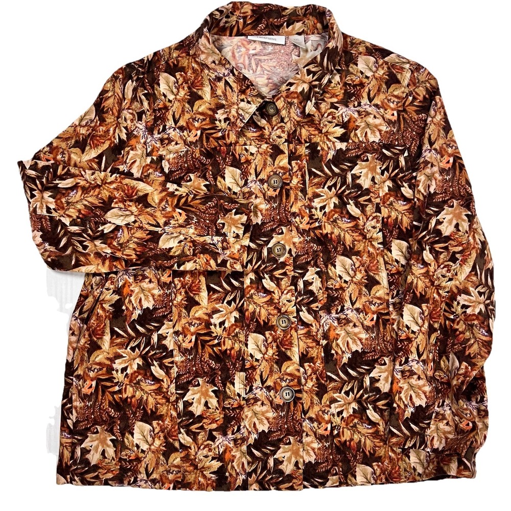 Tantrums Womens Top Jacket XXL‎ Fall Leaves Pumpkin Shacket Pockets Stretchy